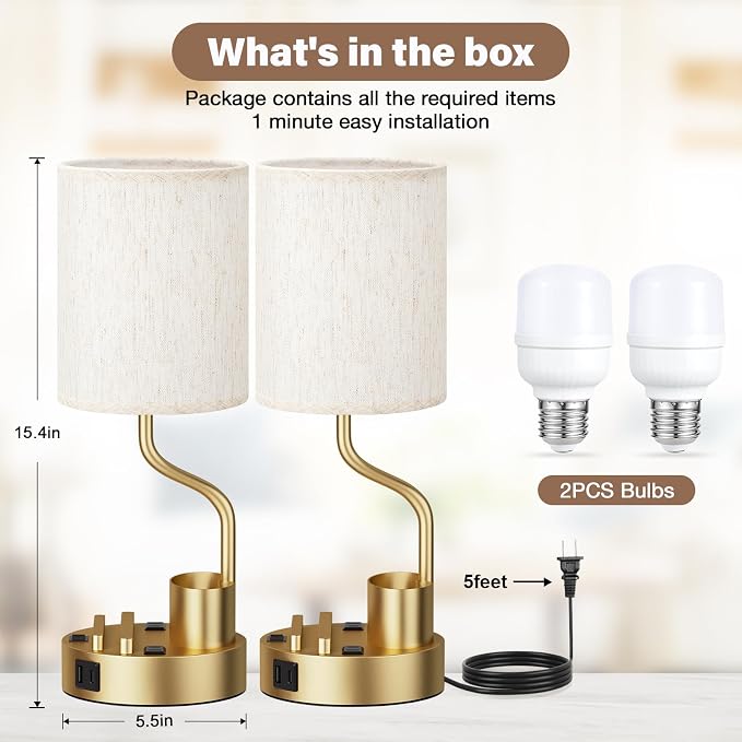 Fenmzee Bedside Lamps for Bedroom Set of 2 - Table Desk Lamp for Nightstand | 15" Table Lamp for Living Room with Pen Holder & Phone Stand, USB A+C Port, AC Outlet, 3 Color Temperature, LED Bulb Included - Image 2
