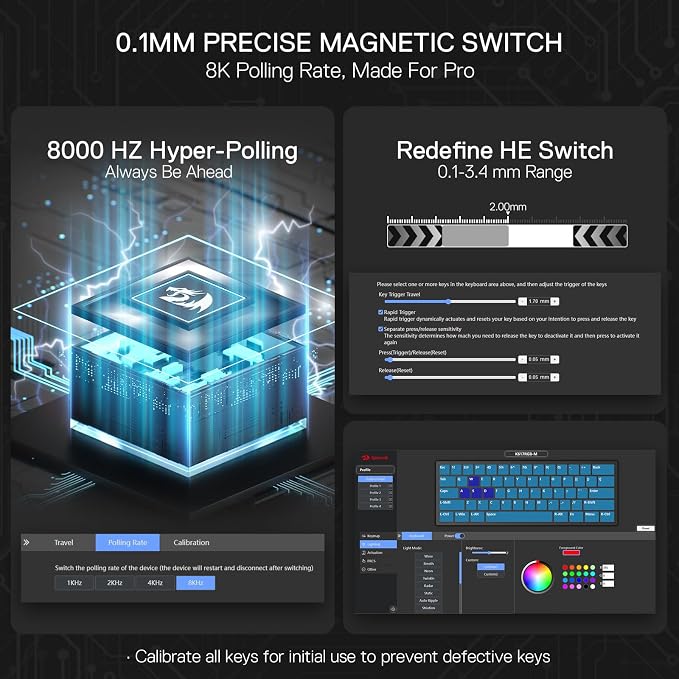Redragon K617 HE Wired Hall-Effect Rapid Trigger Magnetic Gaming Keyboard | 8K Polling Adjustable Actuation, 61 Keys Design for More Room to Aim, Swap-Ready Socket for Mod, RGB Pro Software Supported - Image 4