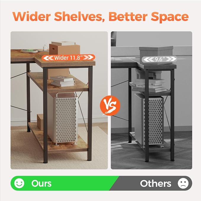 Mericonia 55 in L Shaped Gaming Desk, Large Corner Desk with Monitor Stand | Reversible Computer Desk with Power Outlets, LED Light & Storage Shelves, Office Table for Home Bedroom Study Work Writing - Image 5