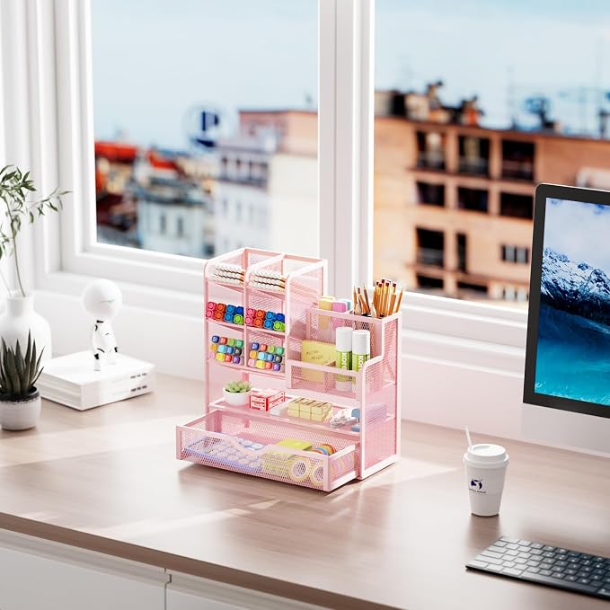 Marbrasse Mesh Desk Organizer with Drawer, Multi-Functional Pencil Organizer, 12 Compartments, Pink, Modern, Minimalist - Image 5
