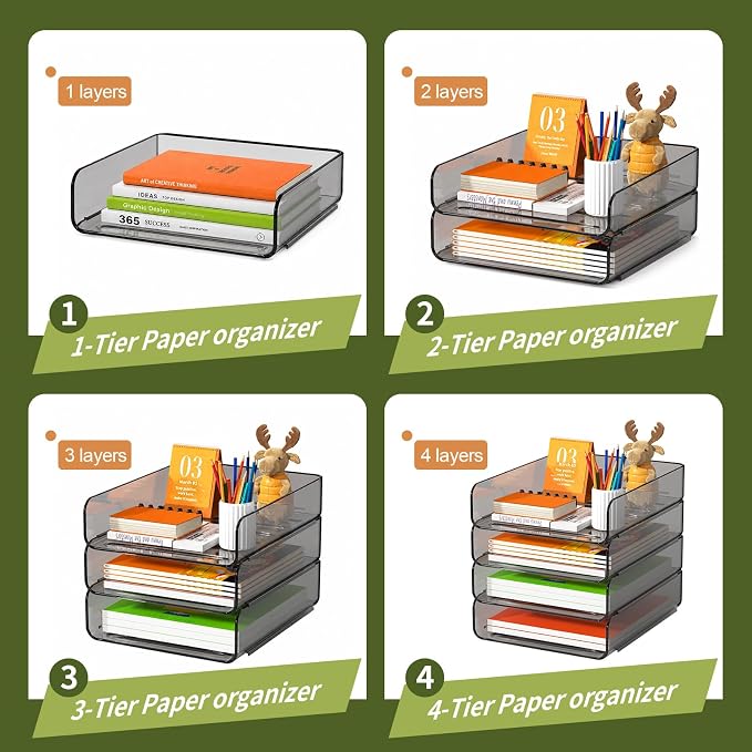 FANXIYQ 4-Tier Acrylic Paper Tray Organizer, Brown Office Paper Organizer | Stackable, Tool-Free Design with 2-4 Tiers for A4 Paper, Files, Books and Mail; Ideal for School, Home Office and Study Room - Image 6