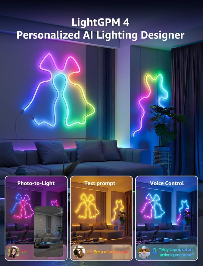 Lepro N1 AI Smart RGB Rope Lights for Christmas, Personalized AI Lighting Designer, LightBeats Music Sync, Color Segment DIY, Voice Control Via App, 9.84ft Wi-Fi & Bluetooth LED Strip Lights - Image 3