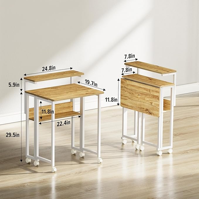 GreenForest Folding Desk with Adjustable Monitor Stand, 24.8 in Small Desk | Storage Shelf, Lockable Wheels, Portable, Space Saving, Mobile Rolling Table for Small Spaces, Home Office, Writing, Oak - Image 3