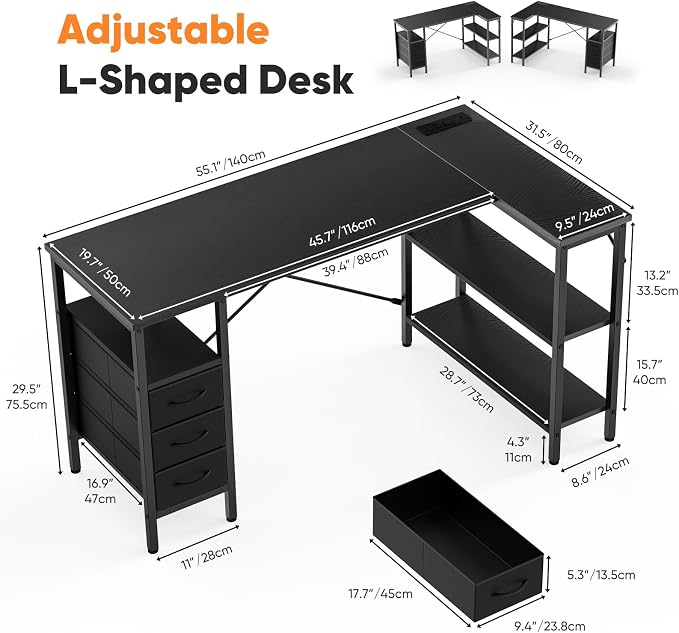 DUMOS L Shaped Desk with Drawers, Gaming Desk, 55 Inch | Power Outlet, Study Table, Adjustable Shelves, Home Office, Corner Computer Workstation, Bedroom, Black - Image 3