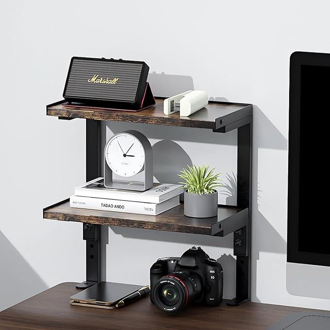 2-Tier Desk Shelf | Desk Organization Expandable Clamp on Desk Shelf Desktop Accessories for Offices and Game Rooms (Wood) by OUTIOE