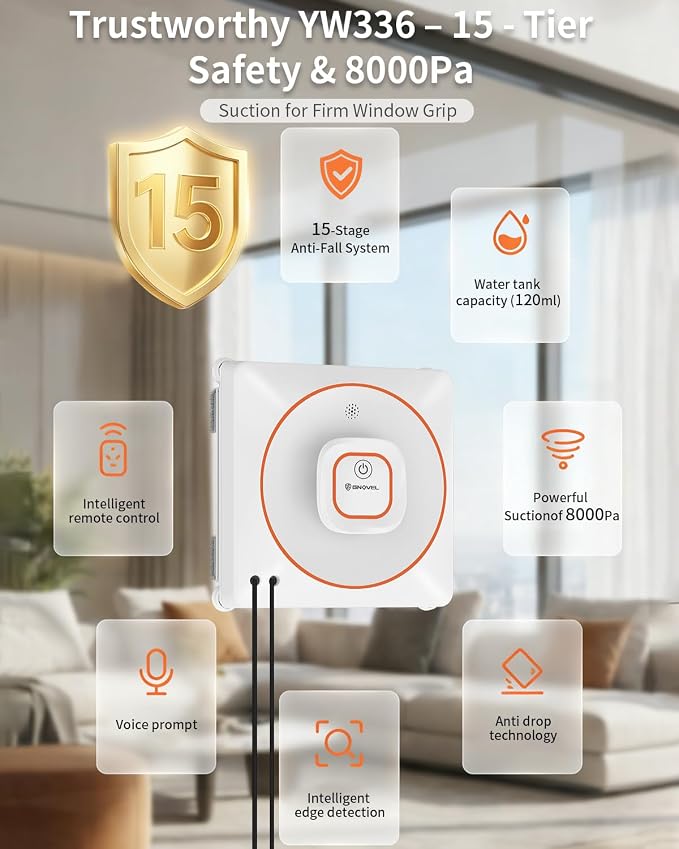 8000Pa Anti-Fall Window Cleaner Robot Auto Spray for High Rise Glass | 4 Cleaning Modes with Intelligent Path Planning,15-Stage Anti-Fall System,Remote Control,120mL Water Tank - Image 3