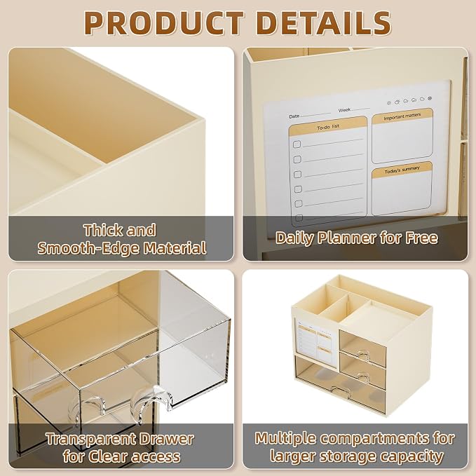 Marbrasse Desk Organizer with 3 Drawer, Multi-Functional Pencil Pen Holder for Desk, Desktop Organizer Storage for Office Home Art Supplies (Beige) - Image 6
