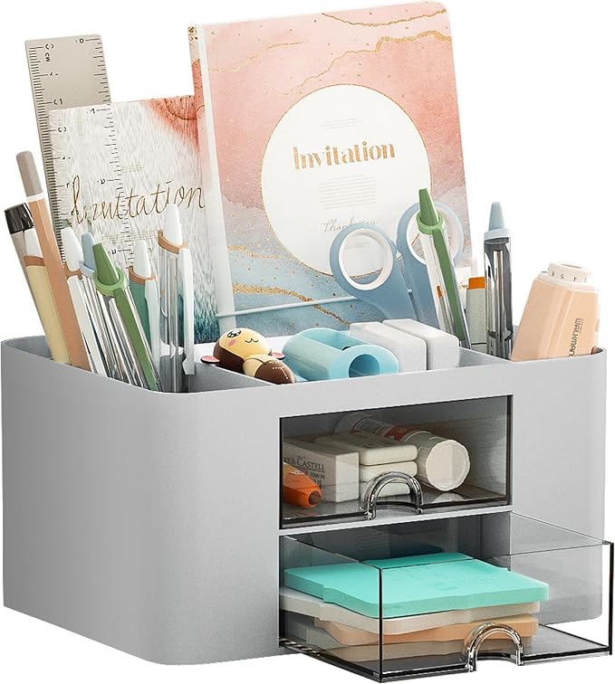Marbrasse Pen Organizer with 2 Drawer, Multi-Functional Pencil Holder for Desk, Desk Organizers and Accessories with 5 Compartments + Drawer for Office Art Supplies (Grey) by Marbrasse
