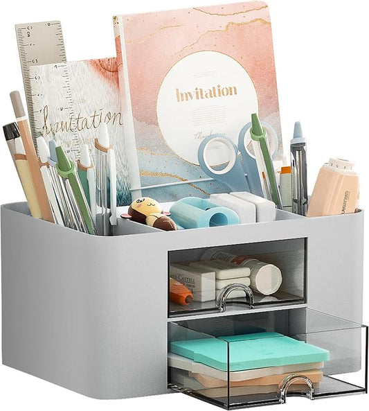 Marbrasse Pen Organizer with 2 Drawer, Multi-Functional Pencil Holder for Desk, Desk Organizers and Accessories with 5 Compartments + Drawer for Office Art Supplies (Grey) by Marbrasse