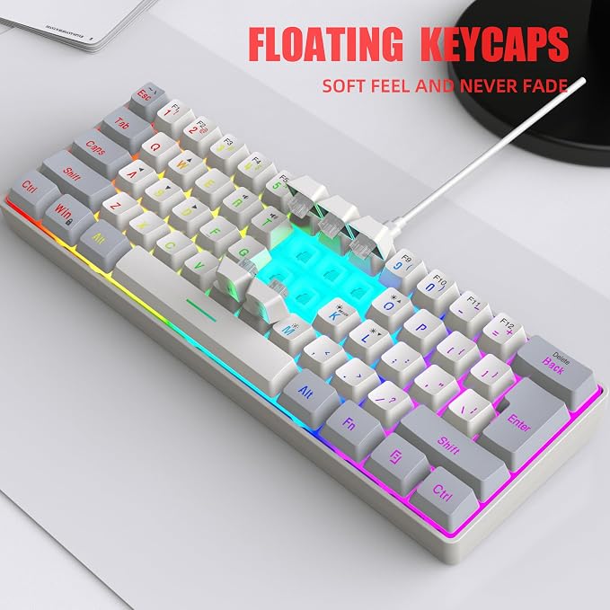 Snpurdiri 60% Wired Gaming Keyboard, 61 Keys RGB (Grey-White) | Backlit Small Gaming Keyboard for PC/Mac Gamer, Typist, Travel, Easy to Carry on Business Trip - Image 8