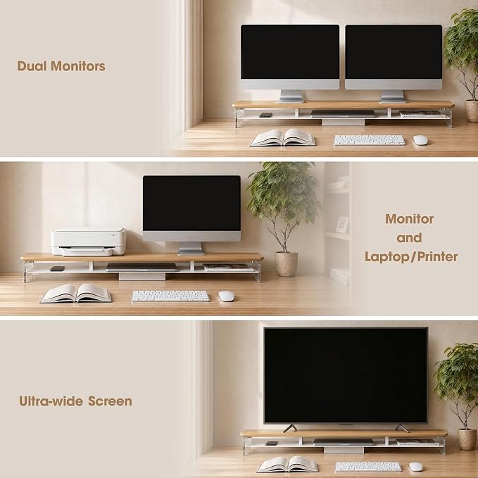 Fenge 42.5" Dual Monitor Stand with Clear Acrylic Legs, Dark Oak | Clear acrylic, storage compartment, 2-tier home office monitor riser, wide large desktop shelf fit monitor/laptop/printer - Image 4