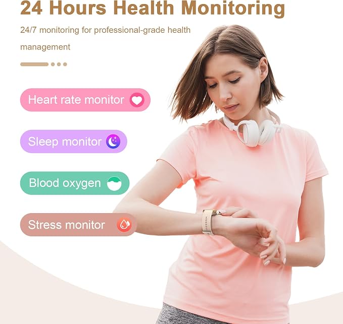 Smart Watch for Men Women Compatible with iPhone Samsung Android Phone 1.69 inch Full Touch Screen IP68 Waterproof Bluetooh Fitness Tracker Heart Rate/Sleep Monitor (Gold) - Image 5