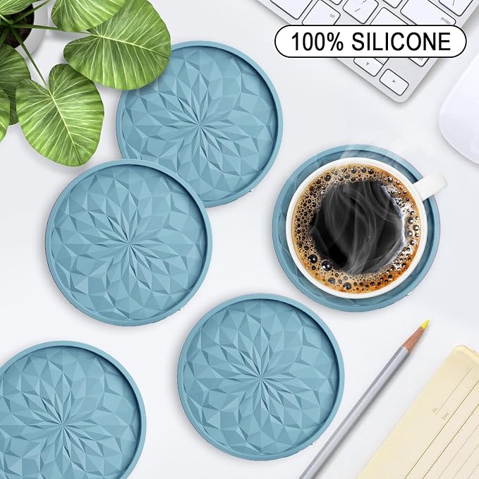 ME.FAN Silicone Coasters with Holder,[6 Pack] Drinking Coasters - Cup Mat for Hot or Cold Drinks, Thickened, Non-Slip, Non-stick,Deep Tray Ether - Image 2
