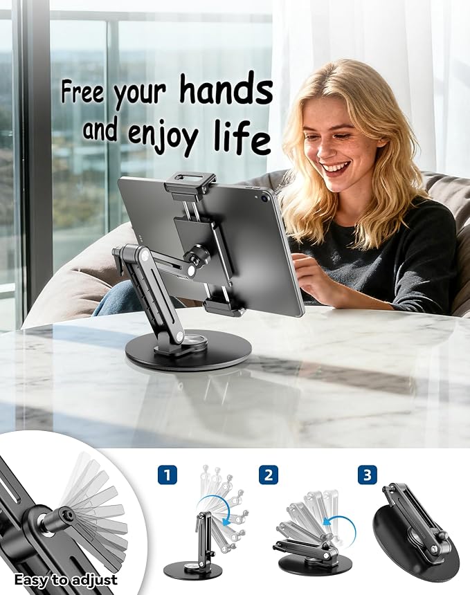 Portable Monitor Stand Large Clamp - Heavy Duty Aluminum Body Support up to 4.4LBS 16" 17.3" 18.5 inch 360° Rotating Base Swivel Foldable Desk Stand for iPad Holder Tablet Mount for Kitchen/Travel - Image 6