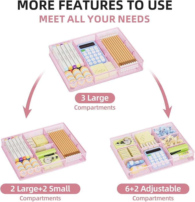 Marbrasse Pink Desk Drawer Organizer, Metal Mesh Drawer Organizer Tray with 5 Adjustable Compartments,Desk Organizers and Accessories for Home,Office,Kitchen,Makeup,Vanity (Pink) - Image 3