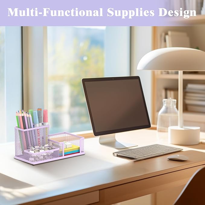 SUPEASY Mesh Pen Holder Desk Organizer, Office Supplies Pencil Storage with 3 Compartments, Office Desk Accessories and Workspace Organizers for Home School Classroom, Purple - Image 5
