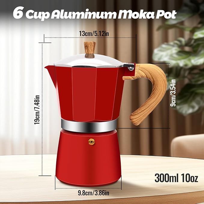 6 Cup Aluminum Moka Pot Classic Stovetop Espresso Coffee Maker 300ml 10oz Coffeemaker Percolator Mocha Pot Greca Coffee Maker Cafe Makers for Italian and Cuban Café Brewing Red - Image 2
