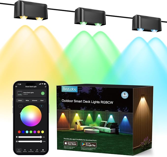 BrizLabs Smart Deck Lights RGBCW, 6 Lamps Fence Lights APP/Voice Control | Color Changing; Work with Alexa & Google Assistant; Smart Timers; Tunable White; Outdoor Waterproof for Halloween Christmas by BrizLabs