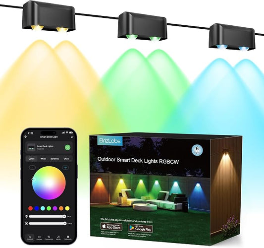 BrizLabs Smart Deck Lights RGBCW, 6 Lamps Fence Lights APP/Voice Control | Color Changing; Work with Alexa & Google Assistant; Smart Timers; Tunable White; Outdoor Waterproof for Halloween Christmas by BrizLabs