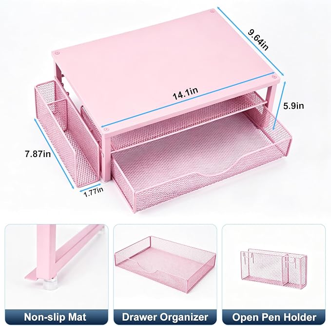 Spacrea Desk Organizer and Accessories, Computer Monitor Stand Riser with Drawer and 1 Open Pen Holder, Printer & Laptop Stand, Office Desk Accessories for Home Office Supplies (Pink) - Image 5