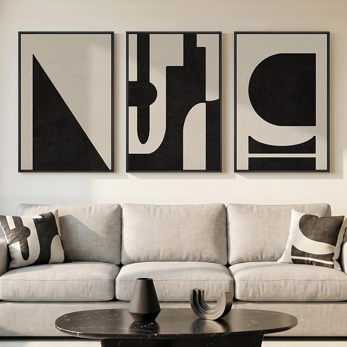 Large Framed Neutral Abstract Geometric Wall Art Set, 3 Piece Modern Minimalist Artwork for Walls, Black and Beige Canvas Prints Pictures Wall Decor for Living Room Bedroom Dining Room Office 24x36 In by Cuspin