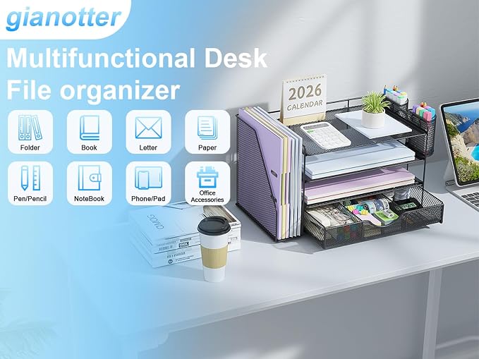 gianotter Desk Organizers and Accessories with File Holder, 4-Tier Desk Accessories & Workspace Organizers with Drawer and 2 Pen Holder, Paper Organizer for Office Supplies (Black) - Image 4
