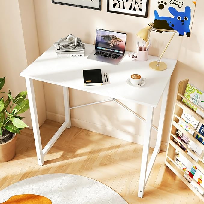 DUMOS 32 Inch Small Computer Desk, Gaming Desks for Home Office Bedroom | Modern Study Writing Work Table, Craft PC Desk Simple Workstation with Reinforcement Structure, White - Image 2