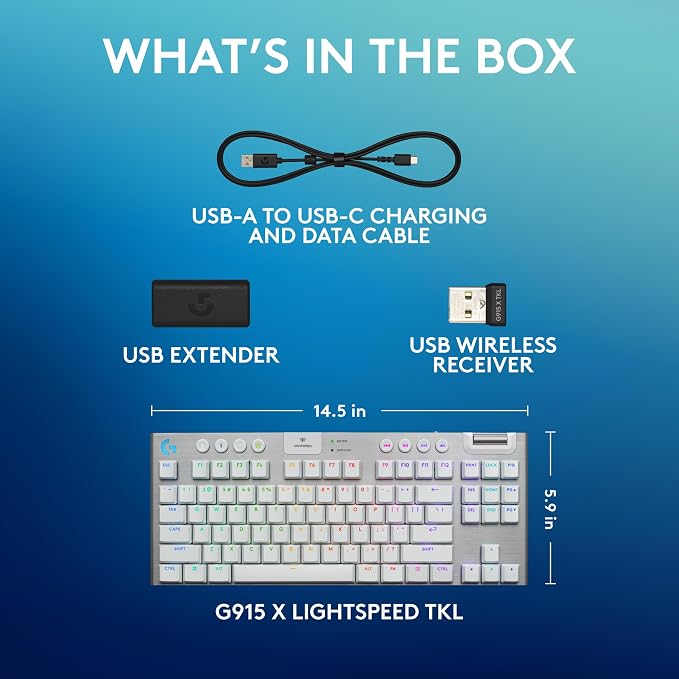 Logitech G915 X Lightspeed TKL Wireless Gaming Keyboard (Tactile) - White | Low Profile, Mechanical Switches, Double-Shot PBT Keycaps, RGB lighting, Aluminum finish, PC/Mac Compatible - Image 9