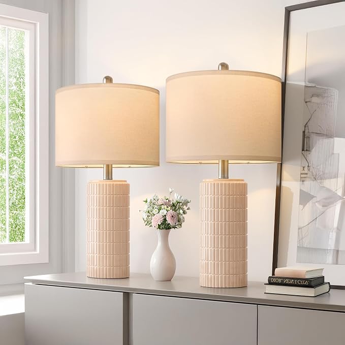 PoKat 23" Pink Ceramic Table Lamps Set of 2, Modern Bedroom Lamps for Girls Room, Bedside Lamps for Night Stands, Cute Lamps for Living Room Decor, Nightstands Desk Lamp, Pink - Image 5
