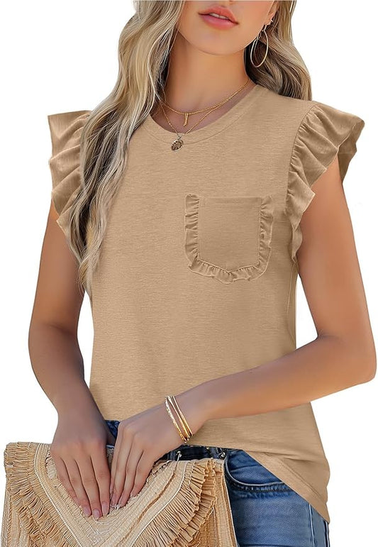 JUSTFASHIONNOW Womens Summer Tops Striped T-Shirts 2026 Ruffle Short Sleeve Crew Neck Casual Blouses with Pocket by Justfashionnow