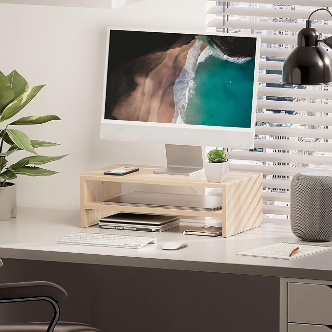 FITUEYES Monitor Stand - 2 Tier Computer Monitor Riser Shelf, Wood Desktop Stand for Laptop Computer Screen, Desk Organization, Office Supplies - Image 5