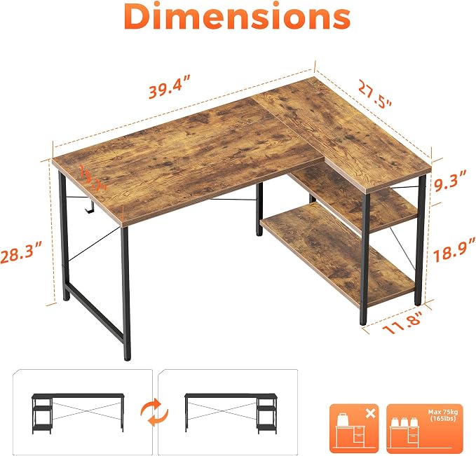 Mericonia 39 inch Corner Desk with Shelves, Small L Shaped Gaming Desk | Reversible Computer Desk with Hooks, Office Table for Home Bedroom Study Work Writing - Image 2