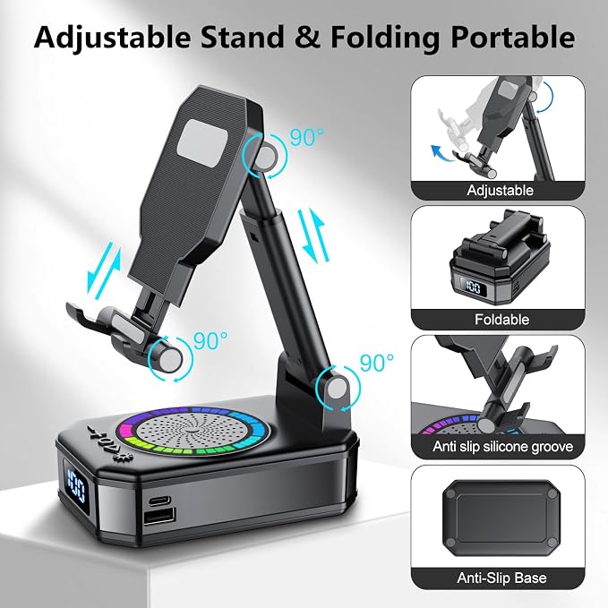 Gifts for Men Women, Cell Phone Stand with Wireless Bluetooth Speaker and Colorful LED Lights, 4-in-1 Multifunctional Phone Holder Support Fast Charging, Adjustable Desktop Stand, Best Gifts - Image 4