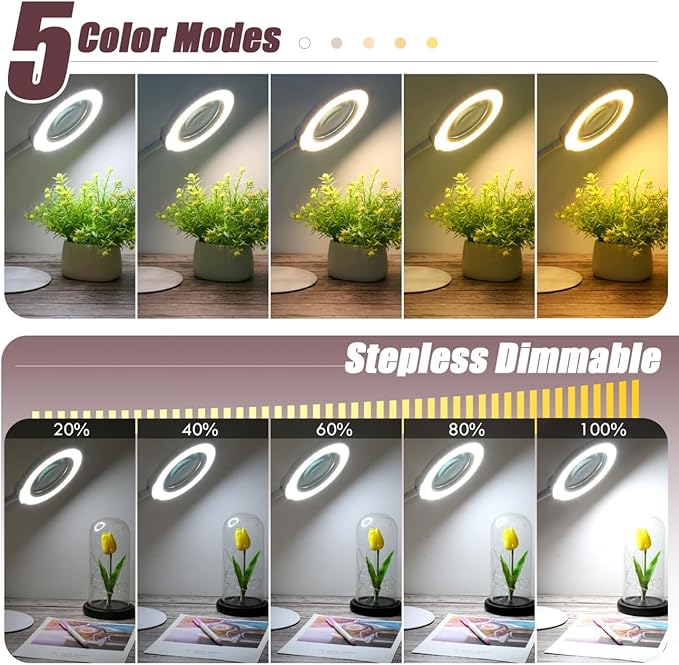 10X Magnifying Glass with Light and Stand, 16.5in Flexible Goose-Neck, 5 Color Modes Stepless Dimmable LED Lighted Desk Lamp, Hands Free Magnifier for Crafting Hobby Painting Close Work - White - Image 4