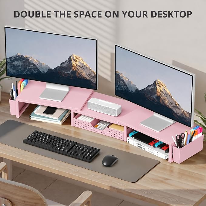 OPNICE Desk Organizers and Accessories, Dual Monitor Stand Riser with Drawer and 2 Pen Holders, Desk Shelf Wood Computer Racks for Office Workspace Organizers, Desktop Organization (Pink Wood) - Image 5