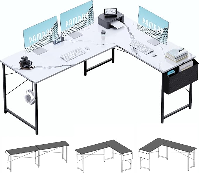 Pamray 64.5 Inch Reversible L Shaped Gaming Desk Large Corner Computer Desk with Storage Bag Home Office Table for Writing Study Marble by PAMRAY