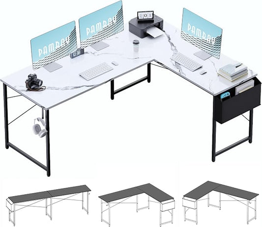 Pamray 64.5 Inch Reversible L Shaped Gaming Desk Large Corner Computer Desk with Storage Bag Home Office Table for Writing Study Marble by PAMRAY