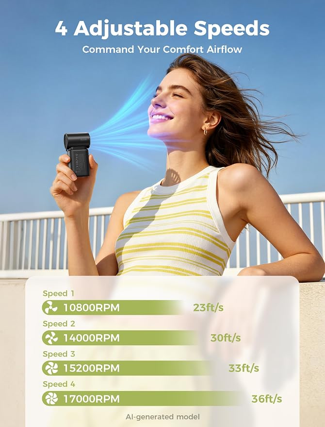 Aecooly Mini Portable Fan with Power Bank, Powerful Handheld Fan, 36ft/s High Speed, [8.5H Max Cooling], 4 Speeds Detachable Modular, Personal Pocket for Summer, Travel, Gifts for Women-Black - Image 7