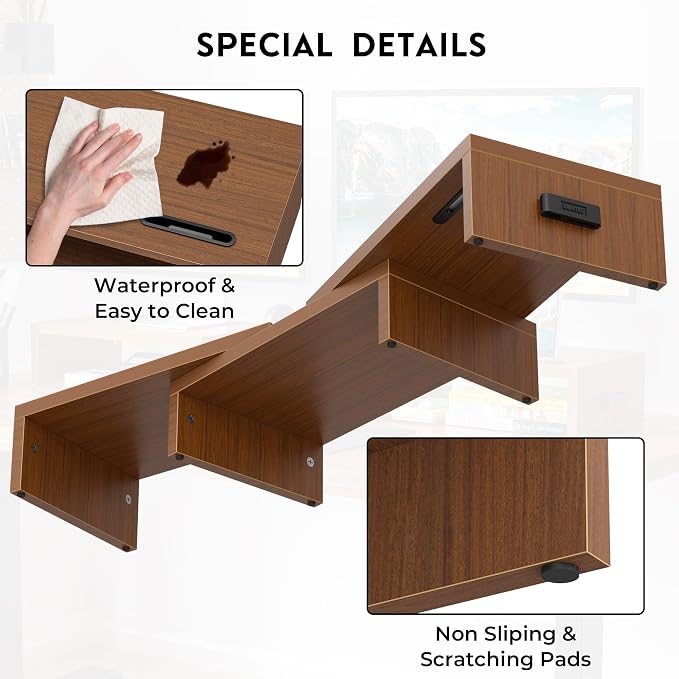BONTEC Dual Monitor Stand Riser with Smartphone Holder, Adjustable Length & Swivel Angle, Ergonomic Wooden Desktop Organizer for PC Monitor, Laptop, Printer, Large Storage, 42.5 in, Walnut - Image 7
