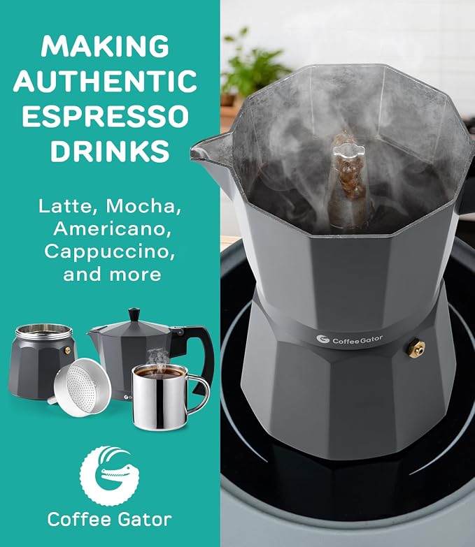 Coffee Gator Moka Pot - 6 Cup, 12oz Stovetop Espresso Maker - Classic Italian and Cuban Coffee Percolator w/ 2 Stainless-Steel Cups – Matte Grey Aluminum, 360ml - Image 10