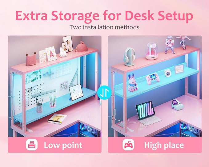 ODK 53" L Shaped Gaming Desk with Shelves, LED & Outlets, Pink | Headset hook. Storage bag. Shelves for makeup & gaming gear. LED for late-night gaming. Reversible. Fits dual monitors. - Image 4