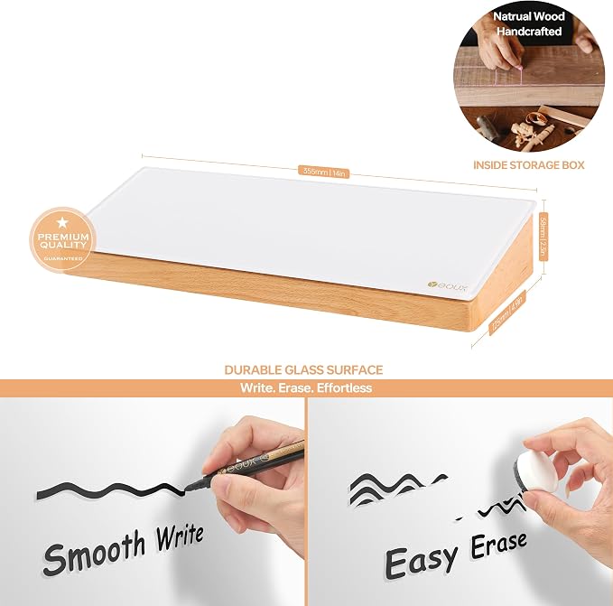 Glass Desktop Whiteboard with Wood Organizer for Small Office Accessories, Aesthetic Desk Dry Erase White Board with Drawer for Home Office Cubicle, Marker & Eraser Included, Yeoux - Image 5