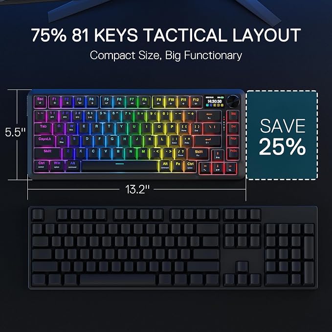 Redragon K724 PRO Wireless 81-Key Gasket Gaming Keyboard with Screen & Knob | Easy-Control LED Info Display, 0-Delay Tri-Mode, Cushioned 5-Layer Noise Dampening for Creamy Thocky Sound, Compact 80% Size - Image 8