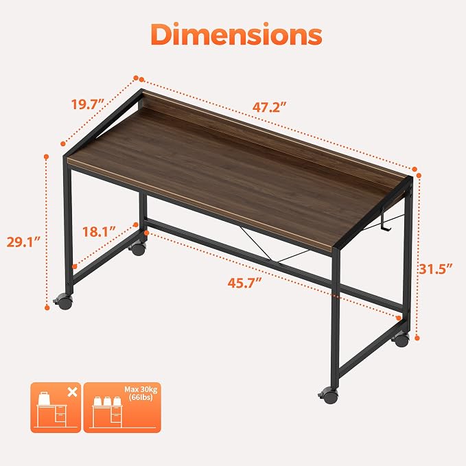 Mericonia 47x20 Inch Small Computer Desk with Wheels & Rear Lip | Simple Rolling Desk, Writing Table for Home Office Bedroom Work Study, Walnut - Image 2