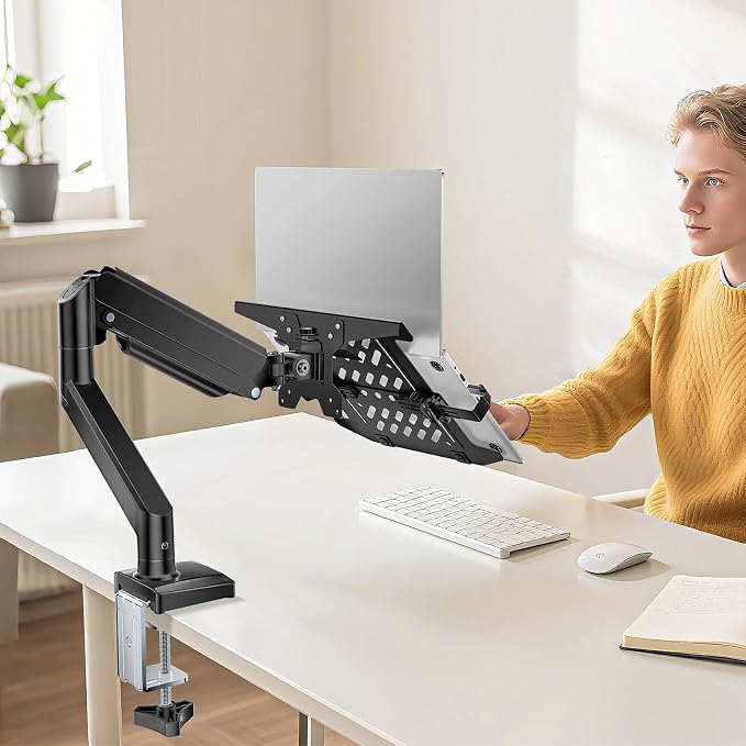 WALI Single Arm Laptop and Monitor Desk Mount for 17" Notebook and Up to 32" Screen, 2-in-1 Adjustable Gas Spring Monitor Arm with Laptop Tray, VESA 75x75 100x100,Holds 22-26.4 lbs, Black (GSMP001NLP) - Image 9