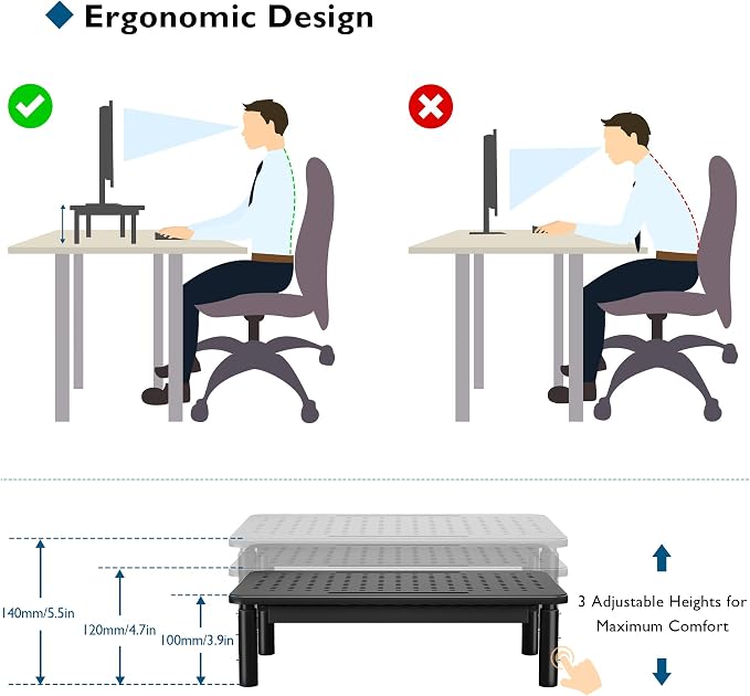BONTEC 1 Pack Adjustable Monitor Stand Riser with Drawer, Supports 44lbs | Ergonomic Mesh Platform for Desk, Ventilated Laptop and PC Use with Cable Management for a Cooler, Organized Workspace - Image 3
