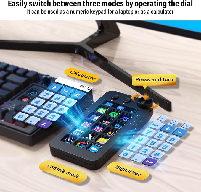 Streaming Deck,Macro pad/Calculator/Numeric Keypad Three Modes | 15 Customizable Macro Keys and LCD Bar,Large Dial,Work Efficiency Device,Compatible with Windows and Mac(N1 Black) - Image 3