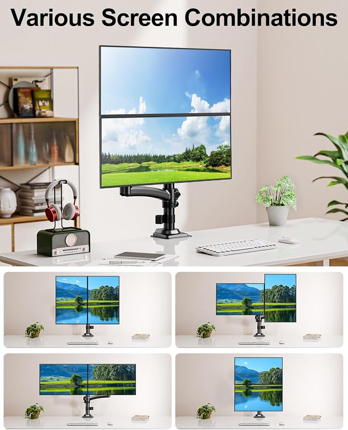 Dual Monitor Stand for Computer Screen up to 32", Holds 22 lbs Each | Taller Monitor Arms Desk Mount, Height Adjustable Gas Spring VESA Mount with C-clamp Grommet Mounting, Black, Freelift - Image 7