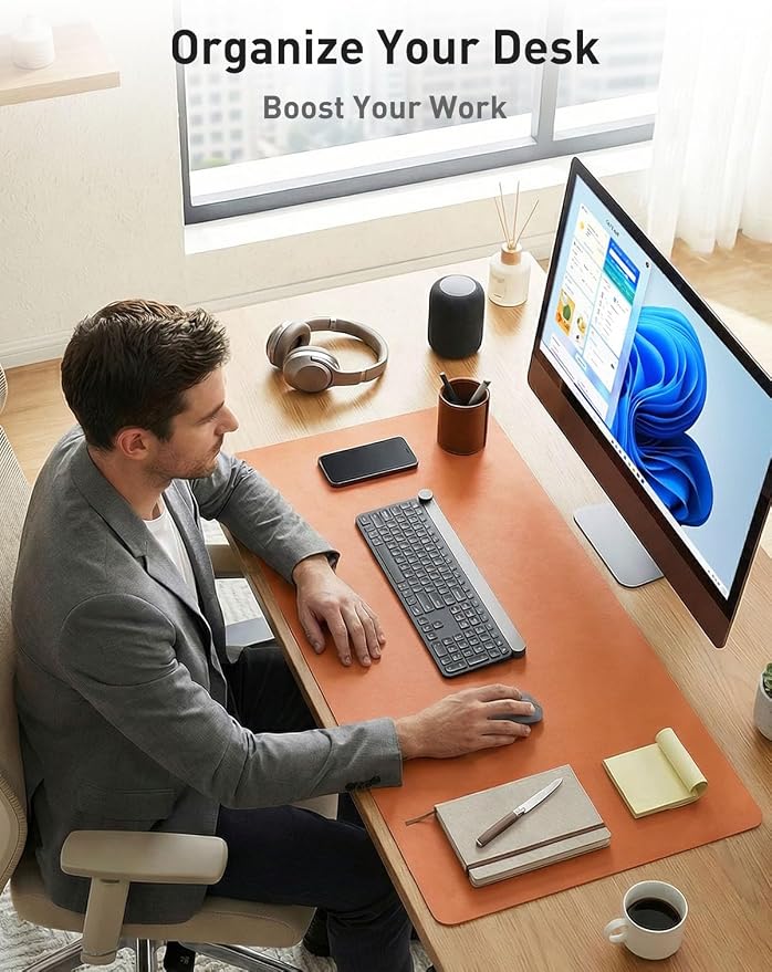 Aothia Faux Leather Desk Mat - Large Mouse Pad, Non-Slip PU Leather Blotter, Waterproof Writing Surface for Office and Home (Hermes Orange, 55" x 17") - Image 3