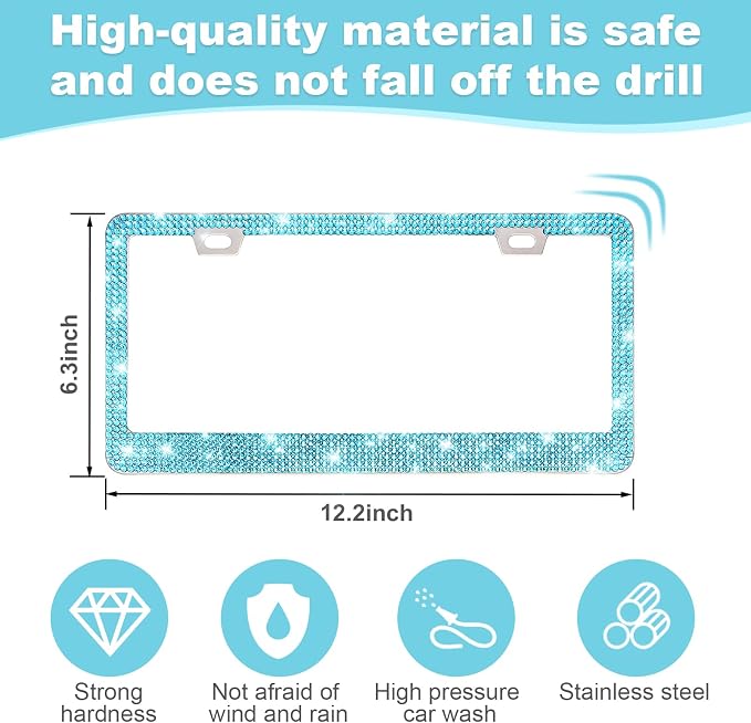 QUANQIUFEI 2 Pack Bling License Plate Frames for Women, Sparkly Rhinestone Diamond Car Accessories with Glitter Crystal Caps (Lake Blue) - Image 2